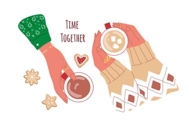 Kahve ve şekerlemeli iki kadın. Güzel manzara. Arkadaşlar, aileler ve arkadaşlar için Noel zamanı..