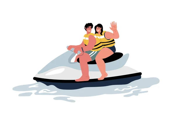 Actieve vakantie voor paar.Man en vrouw zittend op waterfiets, glimlachend, zwaaiend. — Stockvector