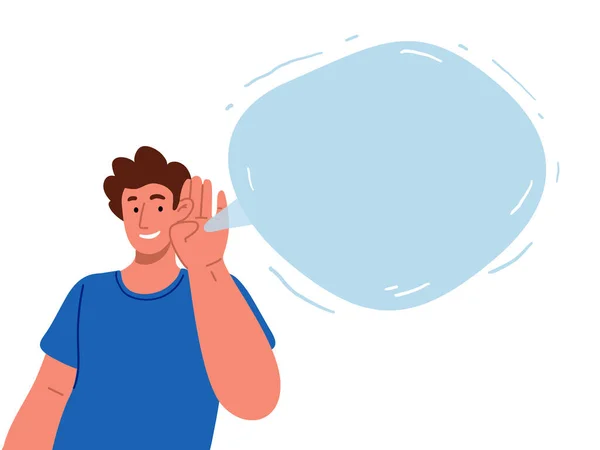 Hombre escuchando contenido en blanco burbuja de habla. Ilustración plana vectorial. — Archivo Imágenes Vectoriales
