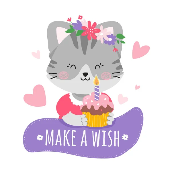 Chaton mignon tenant un muffin d'anniversaire avec une bougie, carte d'anniversaire, invitation. — Image vectorielle