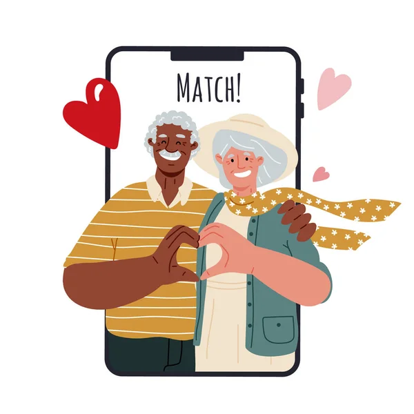 Online dating for seniors,finding soul mate with mobile app.Valentines day — Stock Vector