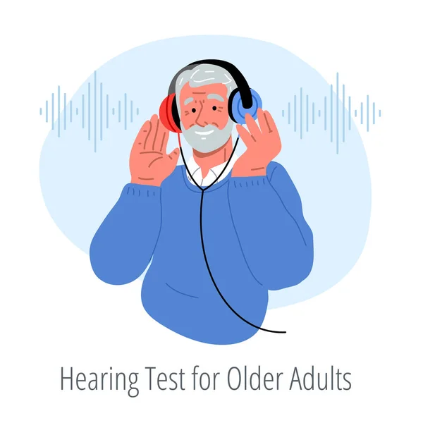 Smiling senior wearing headphones,making hearing test for old people.Vector flat — Archivo Imágenes Vectoriales