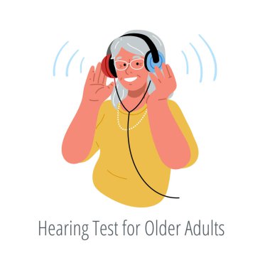 Smiling eldery woman wearing headphones,making hearing test.Vector flat