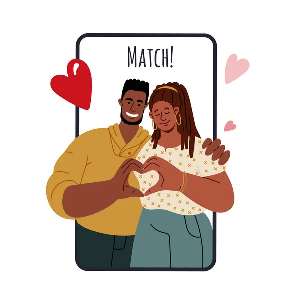 Amerikanska afrikanska par gör hjärta med fingrar.Att hitta kärlek med app — Stock vektor
