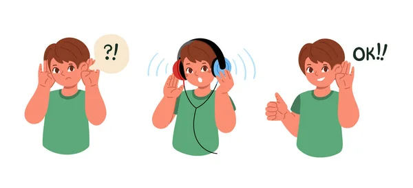 Gutt er døv. Hørselsprøve for barn. Vektorflat illustrasjon. – stockvektor