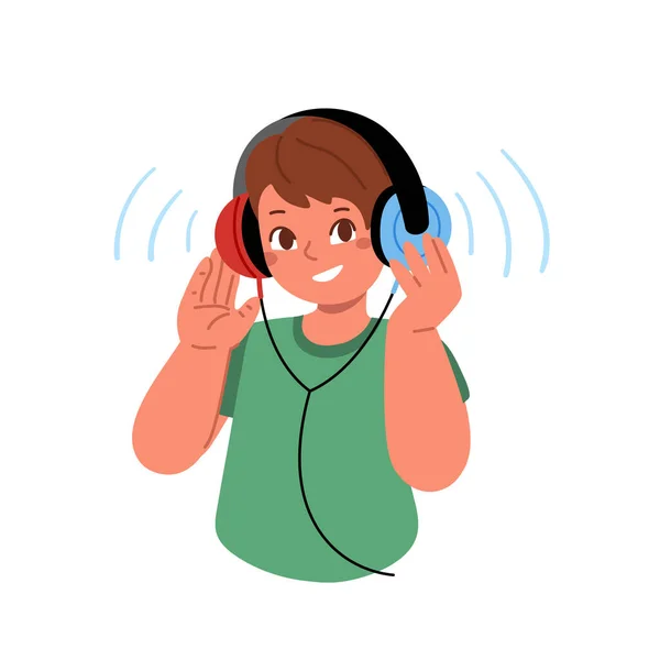 Niño escuchar música con auriculares en la cabeza.Vector ilustración plana — Archivo Imágenes Vectoriales