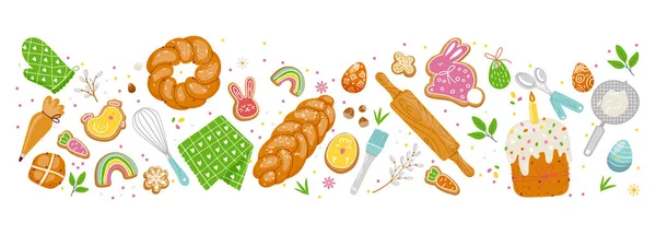 Baner na ciasto wielkanocne z naczyniami kuchennymi, tradycyjnym chlebem, ciastami, malowanymi jajkami — Wektor stockowy