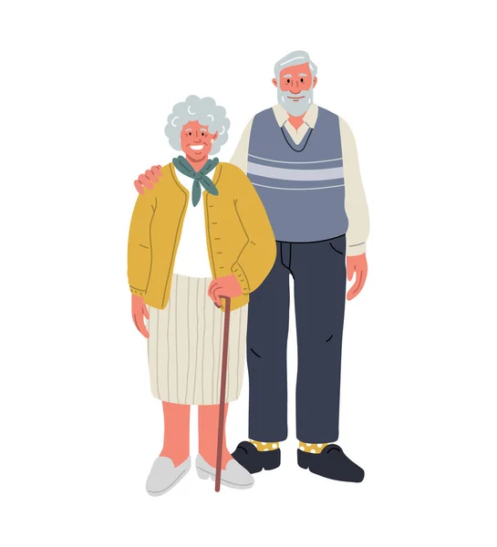 Happy seniors people.Man with bart,woman with cane.Very old people.Vector flat — Stock Vector