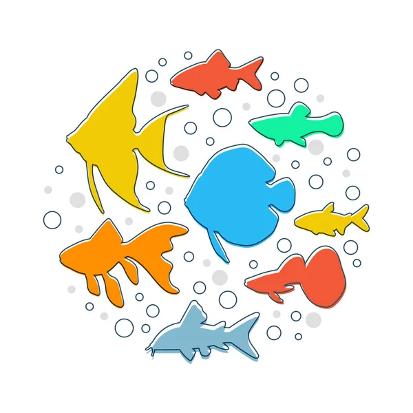 Peces de acuario minimalistas en círculo. Elemento de diseño, ilustración plana vectorial — Vector de stock