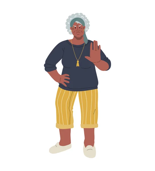 Naštvaný americký africký senior žena, takže stop znamení: hand.Cartoon styl — Stockový vektor