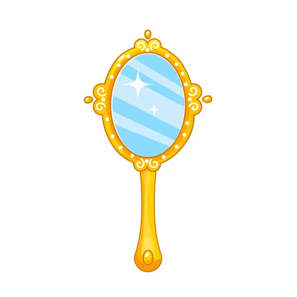 Prinzessin Handspiegel. Oval, glänzender Spiegel mit goldener Krone für Mädchen.Cartoon-Stil — Stockvektor