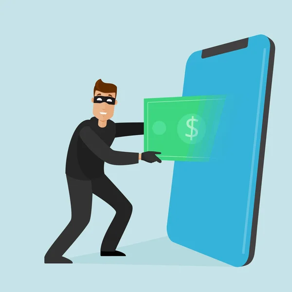 Ladrão satisfeito puxa dólar para fora do telefone phone scam.Vector plana —  Vetores de Stock