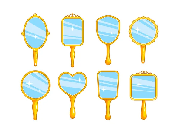 Prinzessin Handspiegel. Set von goldglänzenden Spiegeln für Mädchen.Cartoon-Stil — Stockvektor