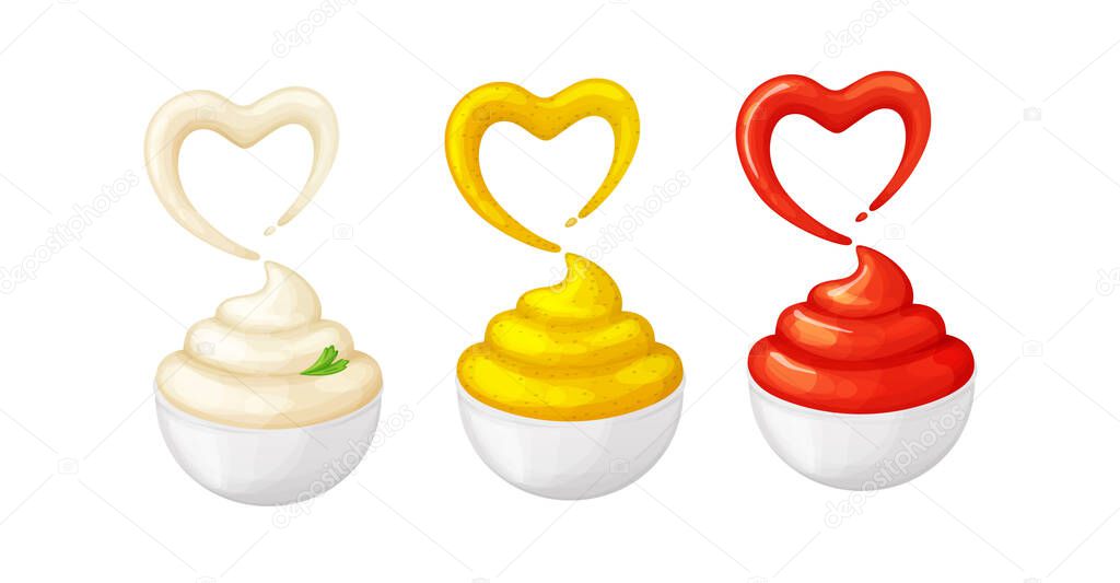 Mayonnaise,mustard,ketchup in bowls with heart splash.Cartoon illustration