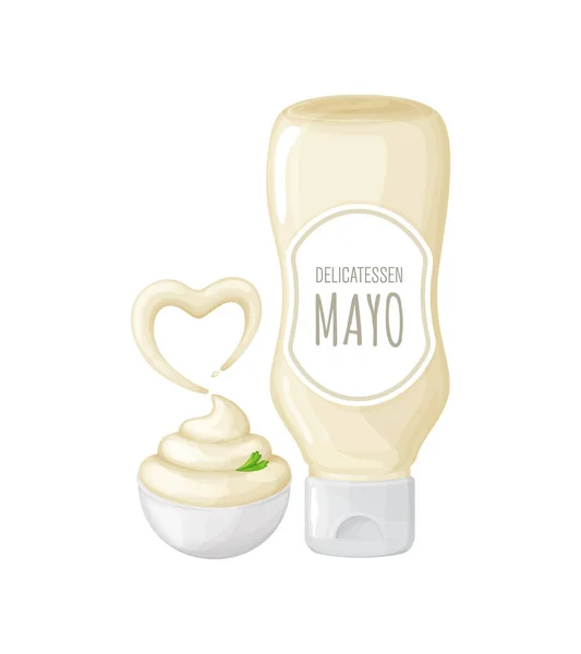 Salsa de mayonesa en botella con etiqueta y tazón con salpicadura de corazón. — Vector de stock