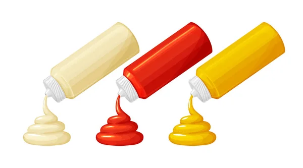 Flaskor med majonnäs, ketchup, senapssås med virvel i realistisk stil — Stock vektor
