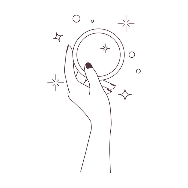 Female hand holding pocket,round mirror.Line vector illustration,magic concept — Stockvector