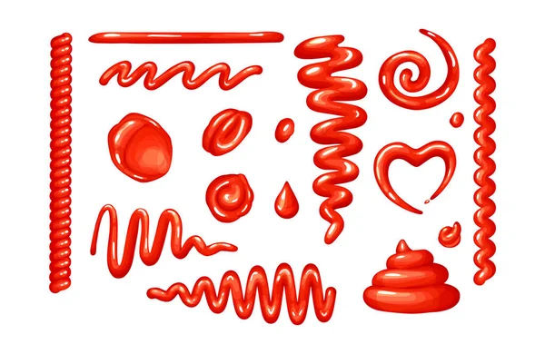 Ketchup foltok, fröccsenő és csepp készletek felülnézetből.Vektorvörös paradicsom szósz — Stock Vector