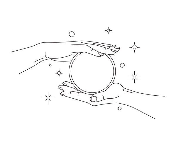 Female hands holding round mirror.Vector illustration,fortune-telling concept — Stockvector