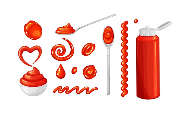 Ketchup fläckar, stänk med sked, flaska och skål som uppifrån, sidovy. — Stock vektor