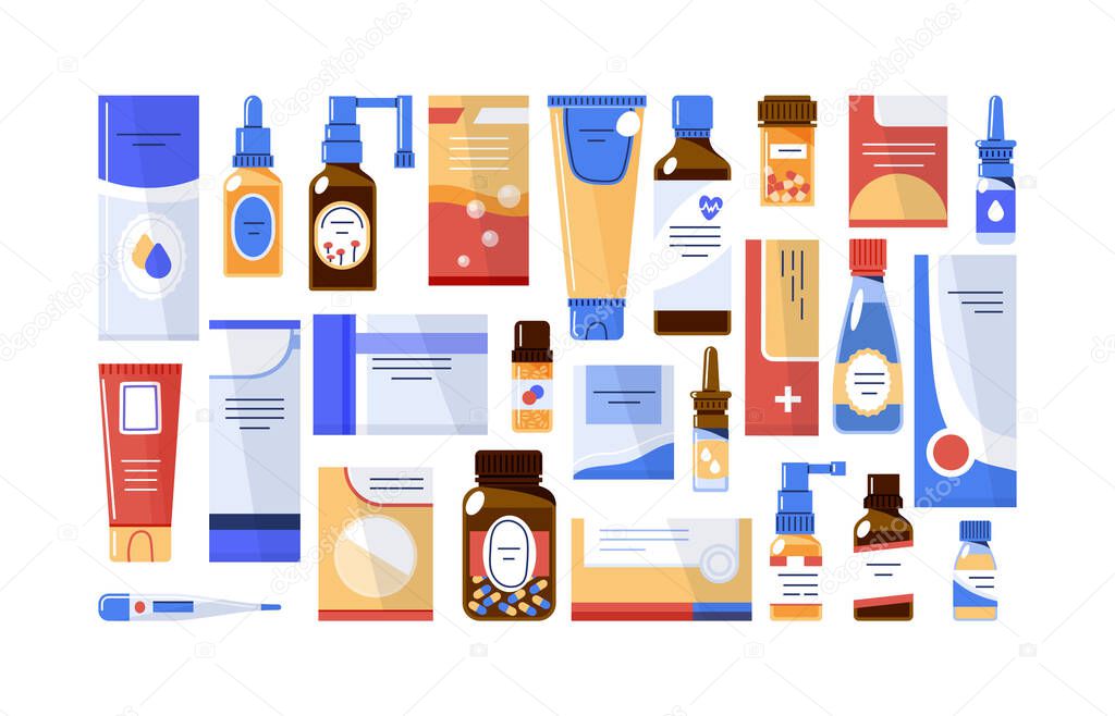 Set of different medications.Medicines in a package,bottle,spray and in dropper bottles.Pharmaceutical drugs isolated on white background.Vector flat illustration.