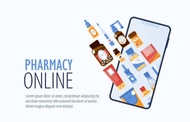 Concept of buying medications online with mobile application.Vector illustration of different medications, tablets, pills, drops and mobile phone with text space for landing pages,flyers or banner