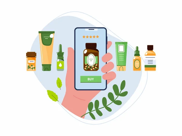 Comprar Medicamentos Homeopáticos Com Aplicativo Móvel Conceito Loja Online Mão — Vetor de Stock