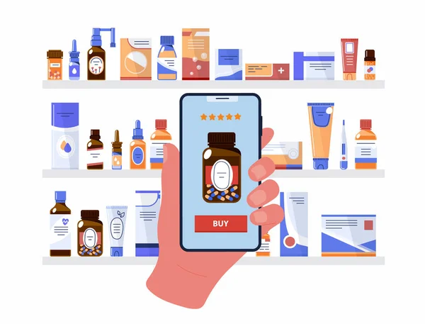 通过移动应用购买药物 手持着手机 在网上药店里 在后台有药架 — 图库矢量图片