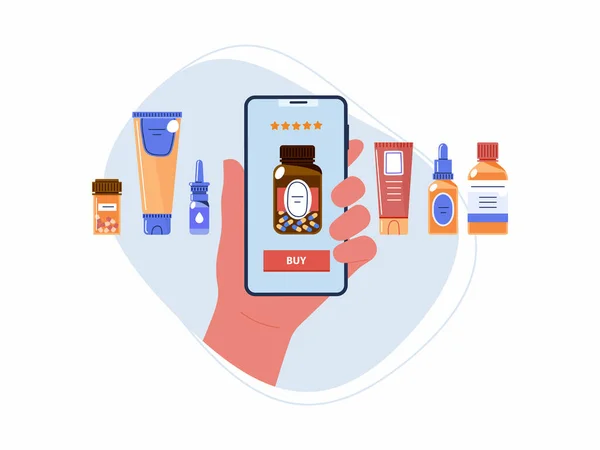 Köpa Läkemedel Mobilapp Hand Håller Mobiltelefon Med Ett Onlineapotek Butik — Stock vektor