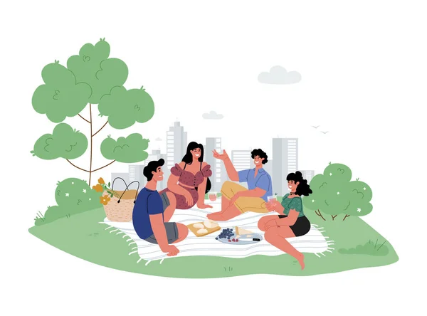 公园里的野餐者 一群年轻人坐在公园里 躺在毯子上 吃着零食 喝着饮料 — 图库矢量图片