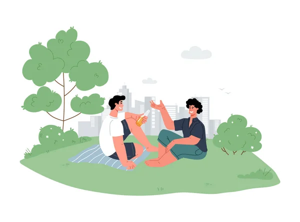 Picnic Park Concept Two Young Guys Sitting City Park Green — Stock Vector