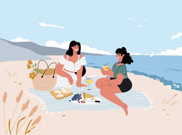Due Amiche Felici Fanno Picnic Sulla Spiaggia Giovani Donne Bevono — Vettoriale Stock