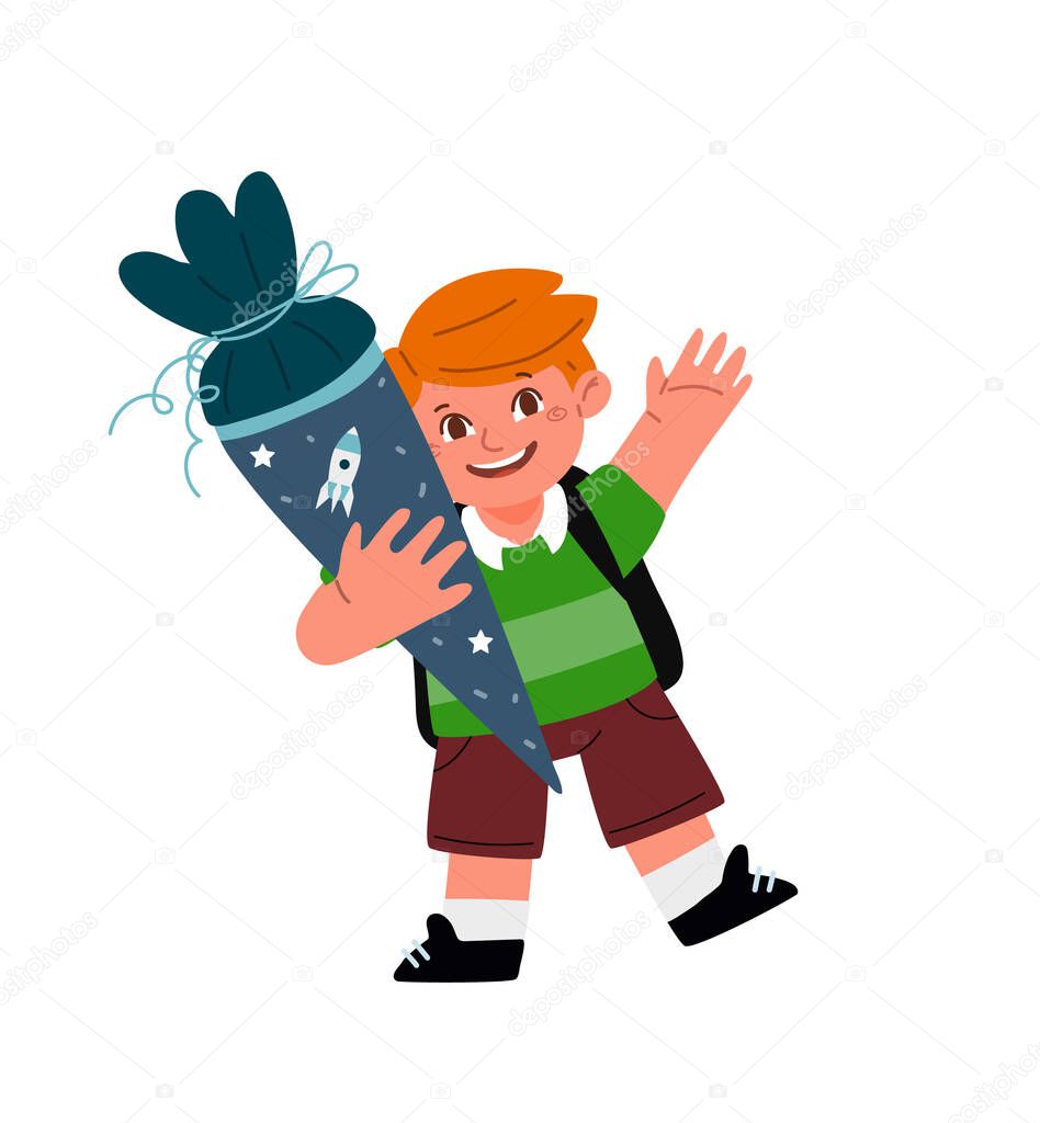 Schoolboy holding sugar cone.Germany enrollment tradition.Back to school concept.Vector flat illustration isolated on white background. 