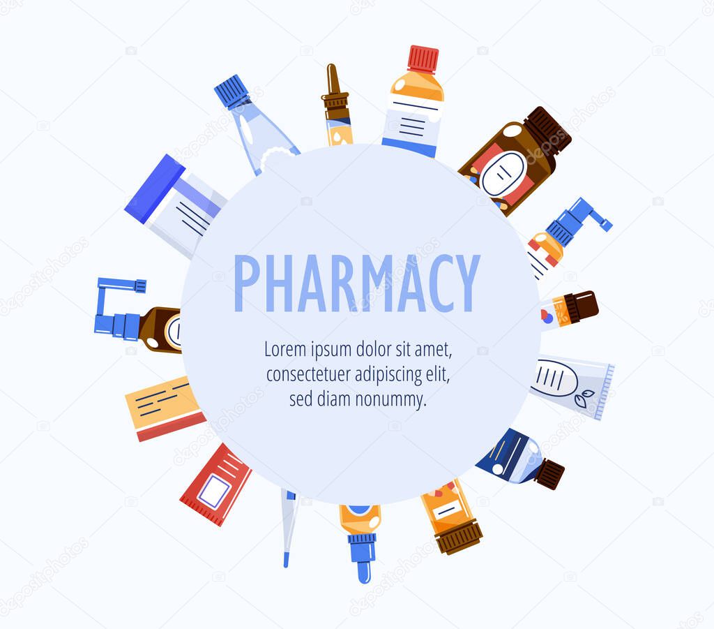 Different medications around circle in packages and bottles, with a dropper or spray.Flat vector illustration isolated on white background.With space for text,design for flyers,commercials and posters