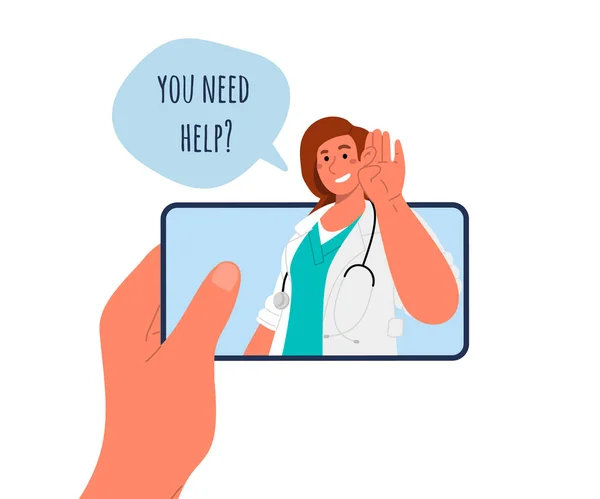 Videollamada Médico Doctora Sonríe Pregunta Necesita Ayuda Mano Sostiene Teléfono — Vector de stock