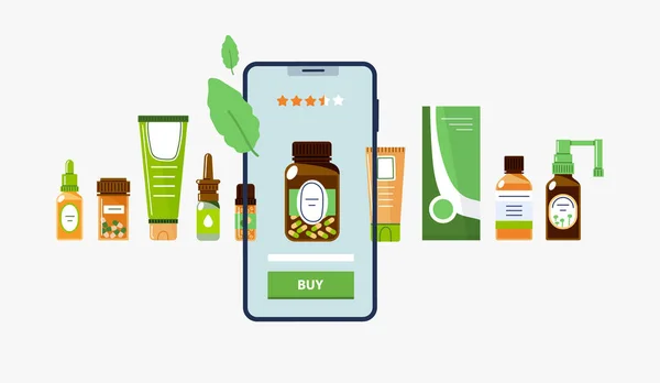 Homeopátiás Gyógyszertár Online Vásárlás Gyógynövény Interneten Keresztül Mobil Alkalmazással Vektor — Stock Vector