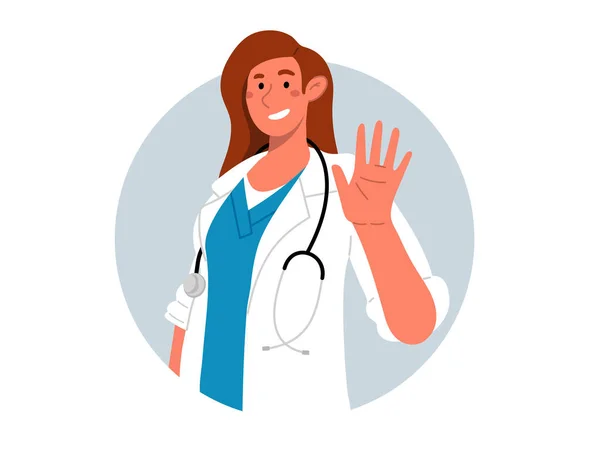 Happy Female Doctor White Coat Stethoscope Waving Hand Say Hello — Vetor de Stock