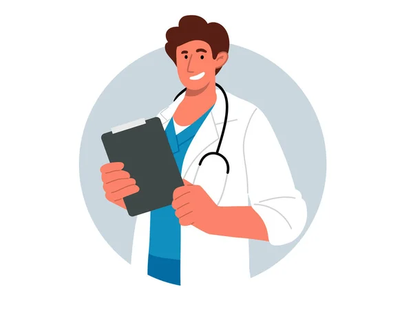 Happy Male Doctor White Coat Holding Clipboard Records Portrait Young — Stock vektor