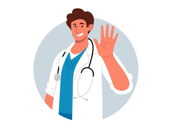 Happy Male Doctor White Coat Stethoscope Waving Hand Say Hello — Vetor de Stock