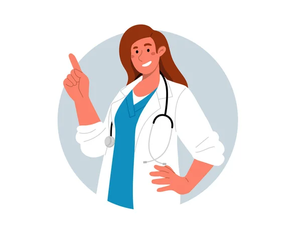 Happy Female Doctor White Coat Stethoscope Pointing Side Portrait Young — Vetor de Stock