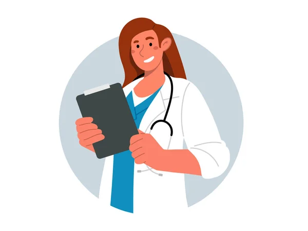 Happy Female Doctor White Coat Holding Clipboard Records Portrait Young — стоковый вектор