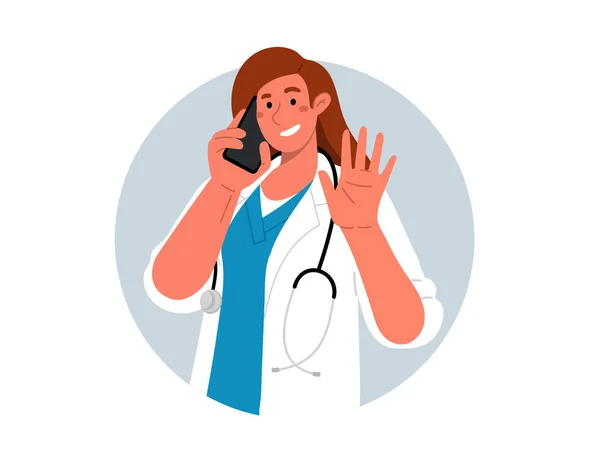 Happy Doctor White Coat Stethoscope Waving Hand Holding Mobile Phone — стоковый вектор