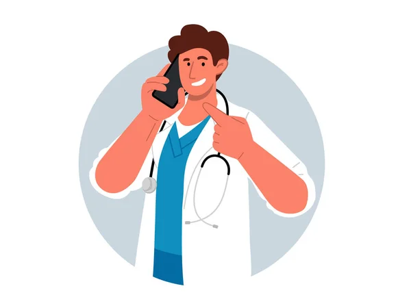 Happy Doctor White Coat Stethoscope Talks His Cell Phone Call — Stock vektor