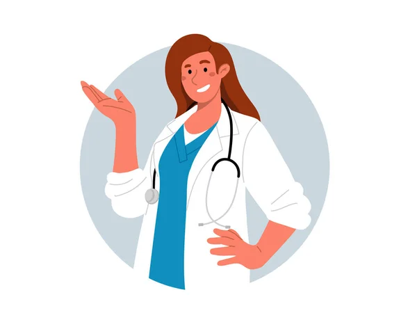Happy Female Doctor White Coat Stethoscope Showing Something Give Hint — Vetor de Stock
