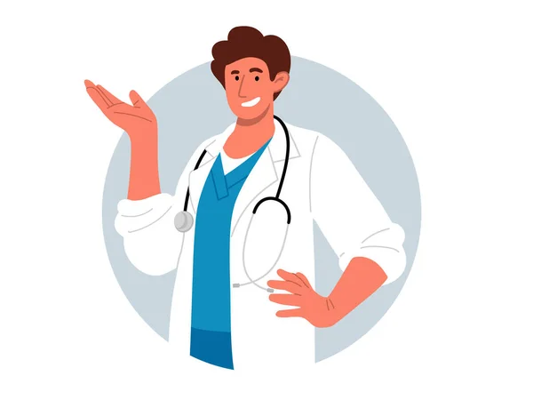 Happy Doctor White Coat Stethoscope Showing Something Give Hint Portrait — Vector de stock