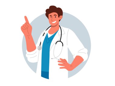 Happy doctor in white coat and stethoscope,pointing to side.Portrait of young male medic standing sideways and smiling.Round background.Vector flat illustration