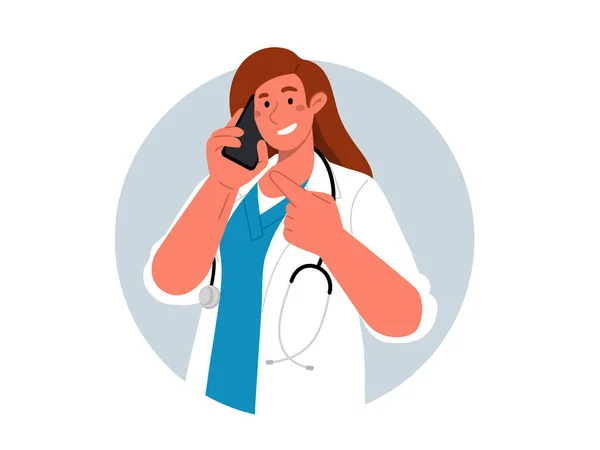 Happy Female Doctor White Coat Stethoscope Talks Cell Phone Call — Stock vektor
