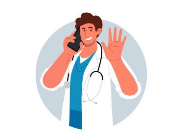 Happy doctor in white coat and stethoscope,waving with hand and holding mobile phone.Say hello.Portrait of young male medic standing sideways and smiling.Round background.Vector flat illustration
