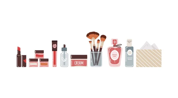 Cosmétiques Décoratifs Avec Des Articles Maquillage Sur Fond Blanc Parfums — Image vectorielle