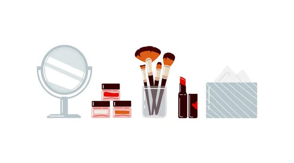 Cosmétiques Décoratifs Avec Des Articles Maquillage Sur Fond Blanc Miroir — Image vectorielle